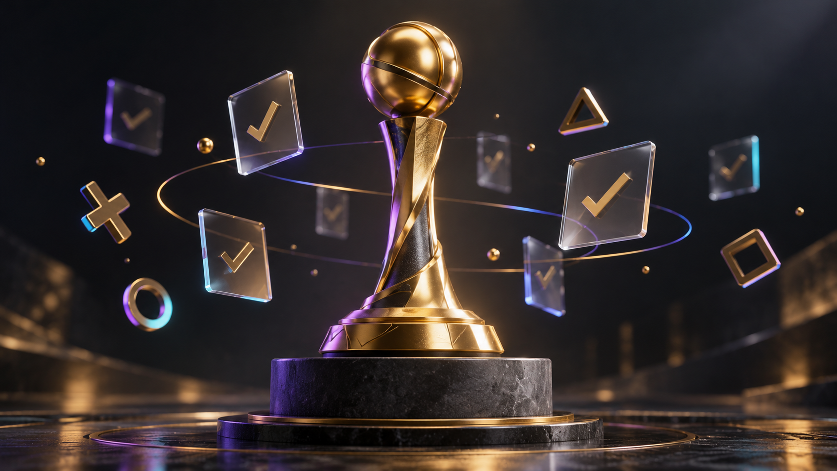 Conceptual gold joystick-shaped award against a dark background