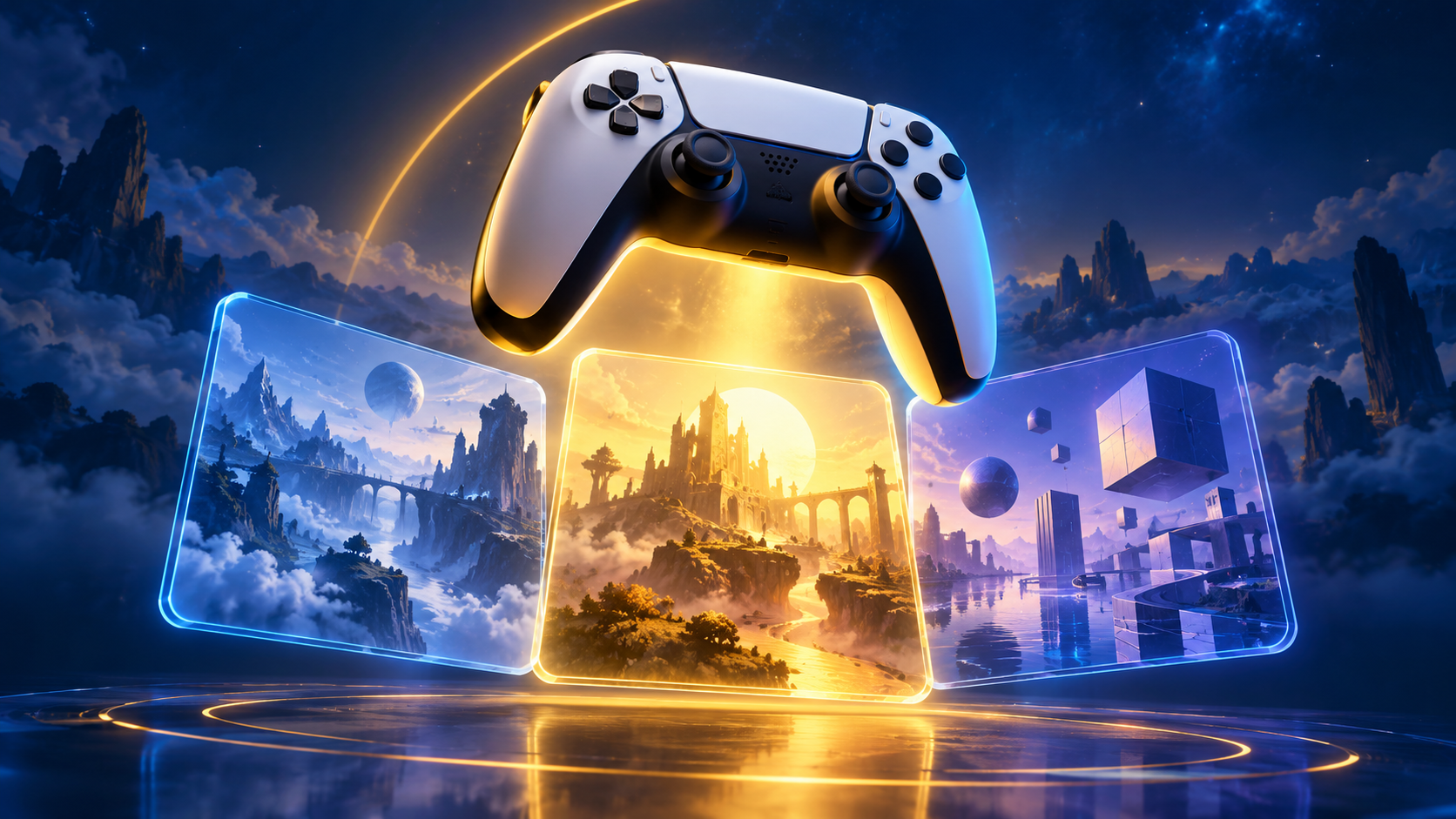 Conceptual illustration: a game controller above cards depicting virtual worlds.