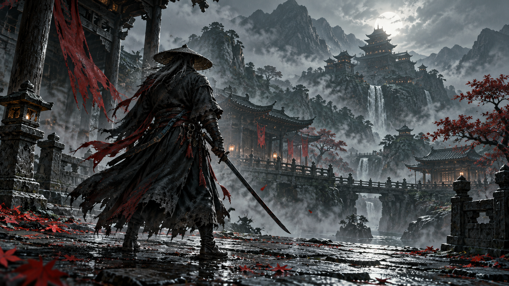 Conceptual illustration: a swordsman in a misty East Asian temple complex.