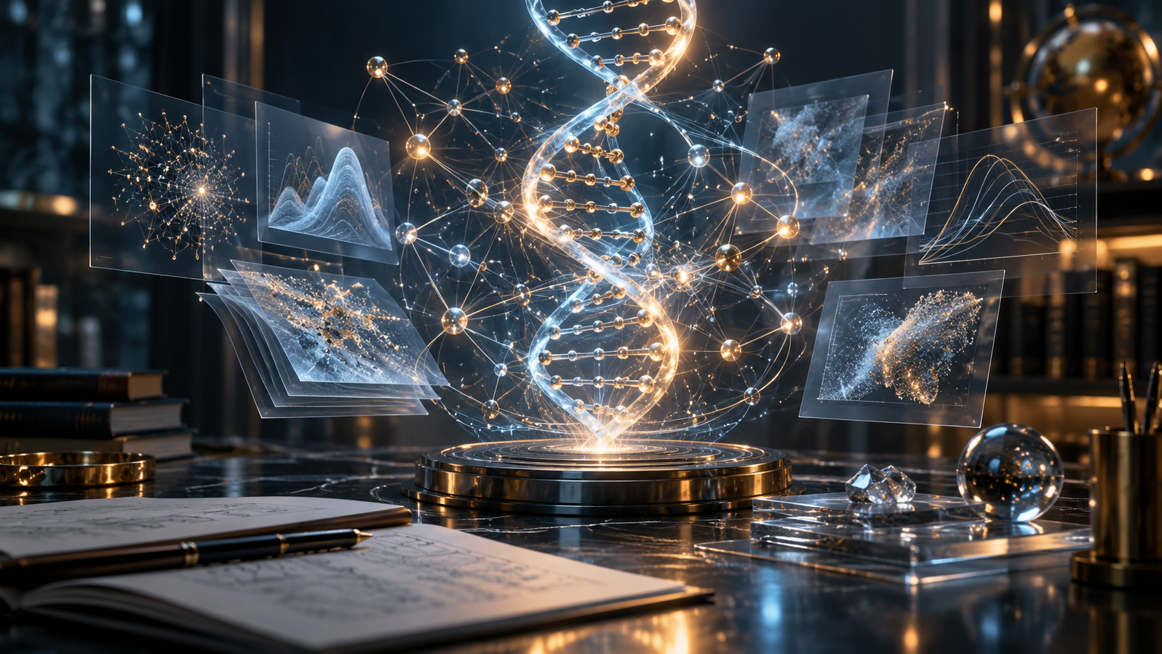 Conceptual illustration: a glowing molecular helix, a network of connections and research charts.
