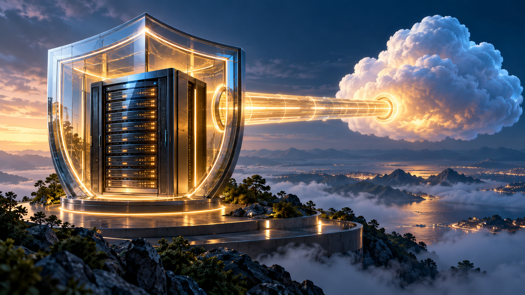 AI illustration: a shielded server connected to a cloud through a luminous private tunnel.