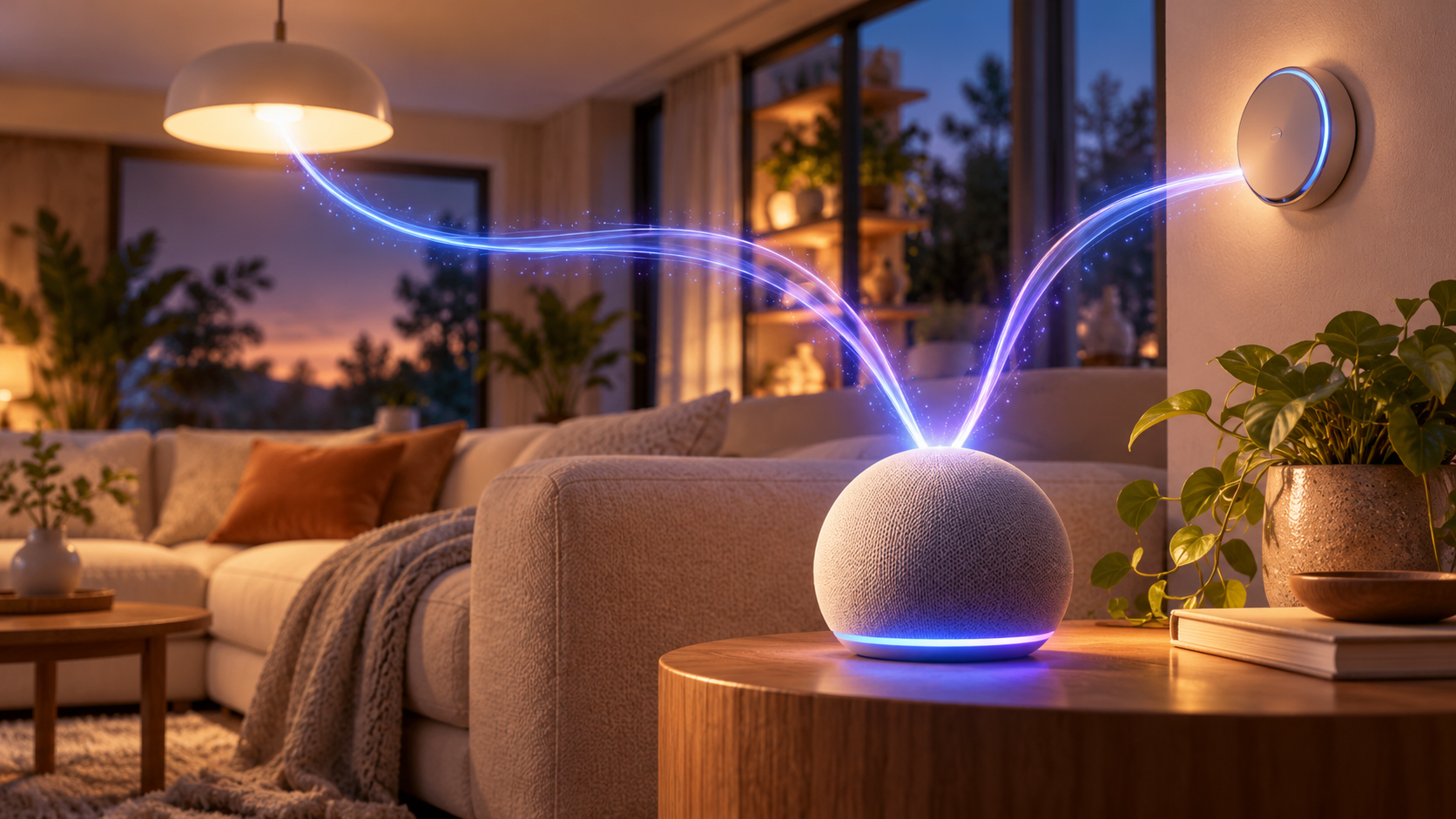 AI illustration: a smart speaker in a living room connected to home devices by light trails.