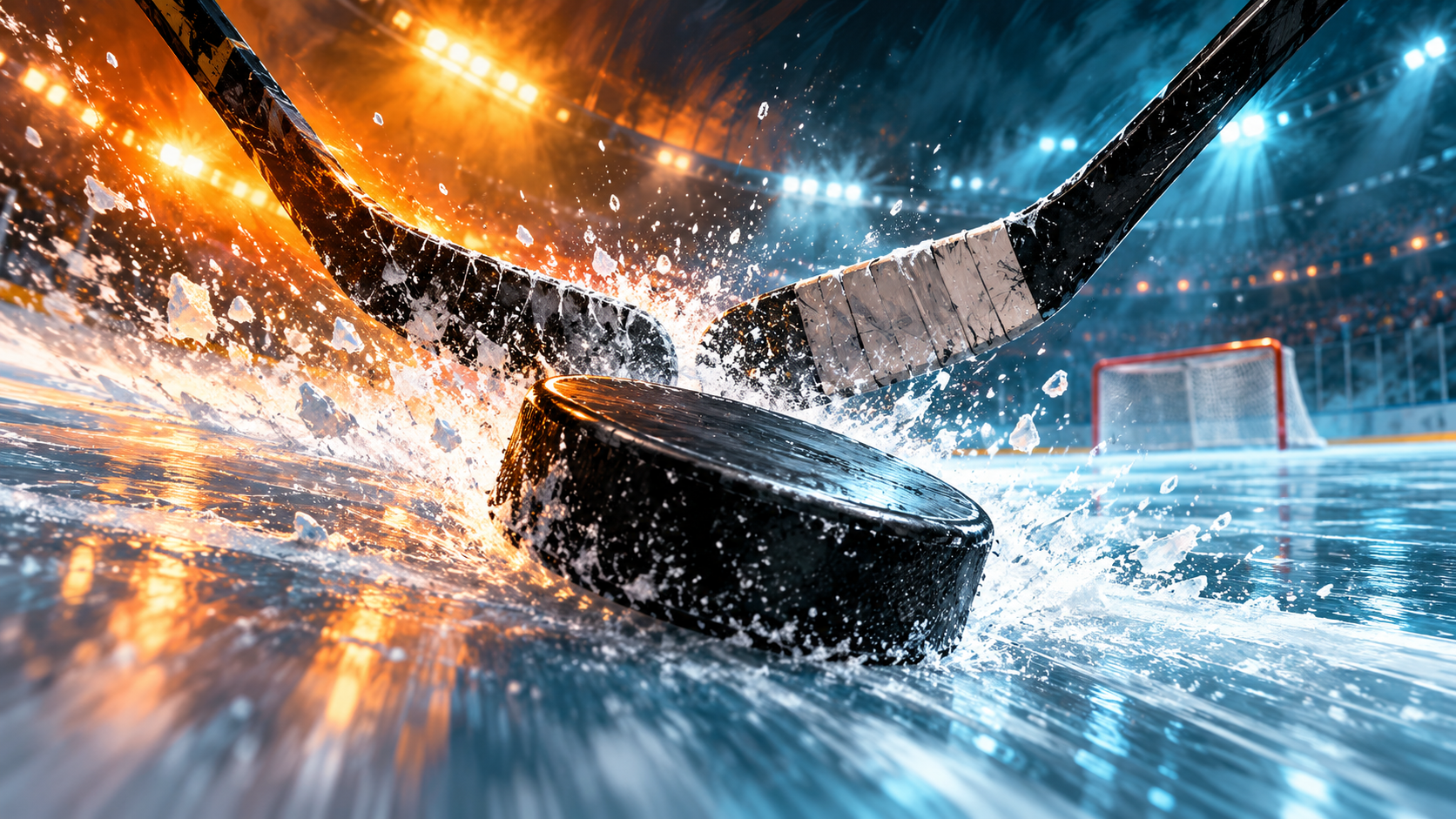 Unofficial AI concept illustration for Puckoff: Reloaded: a hockey puck and sticks amid flying ice.