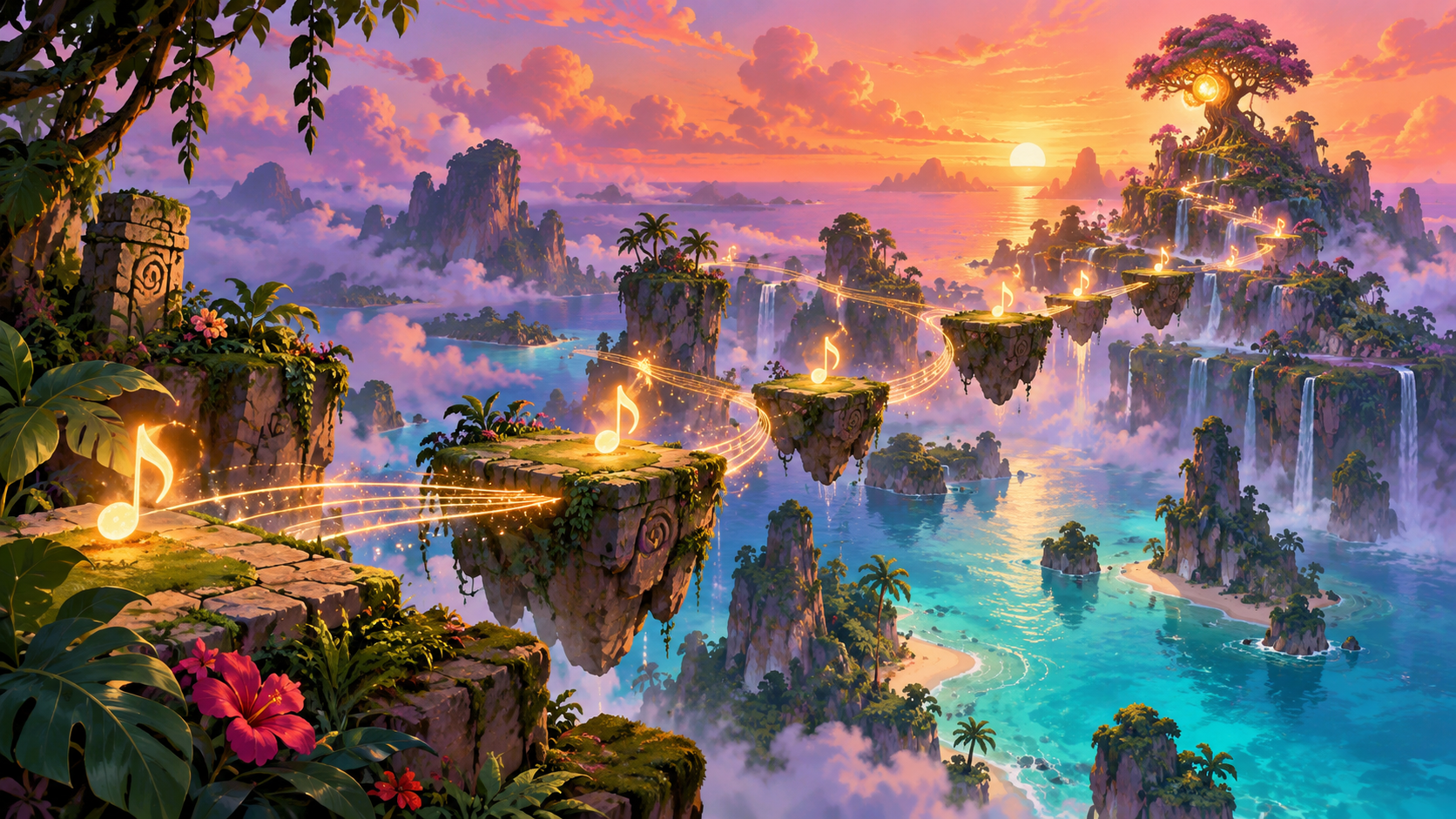Unofficial AI concept illustration for SURI: glowing notes connect stone platforms above tropical islands.
