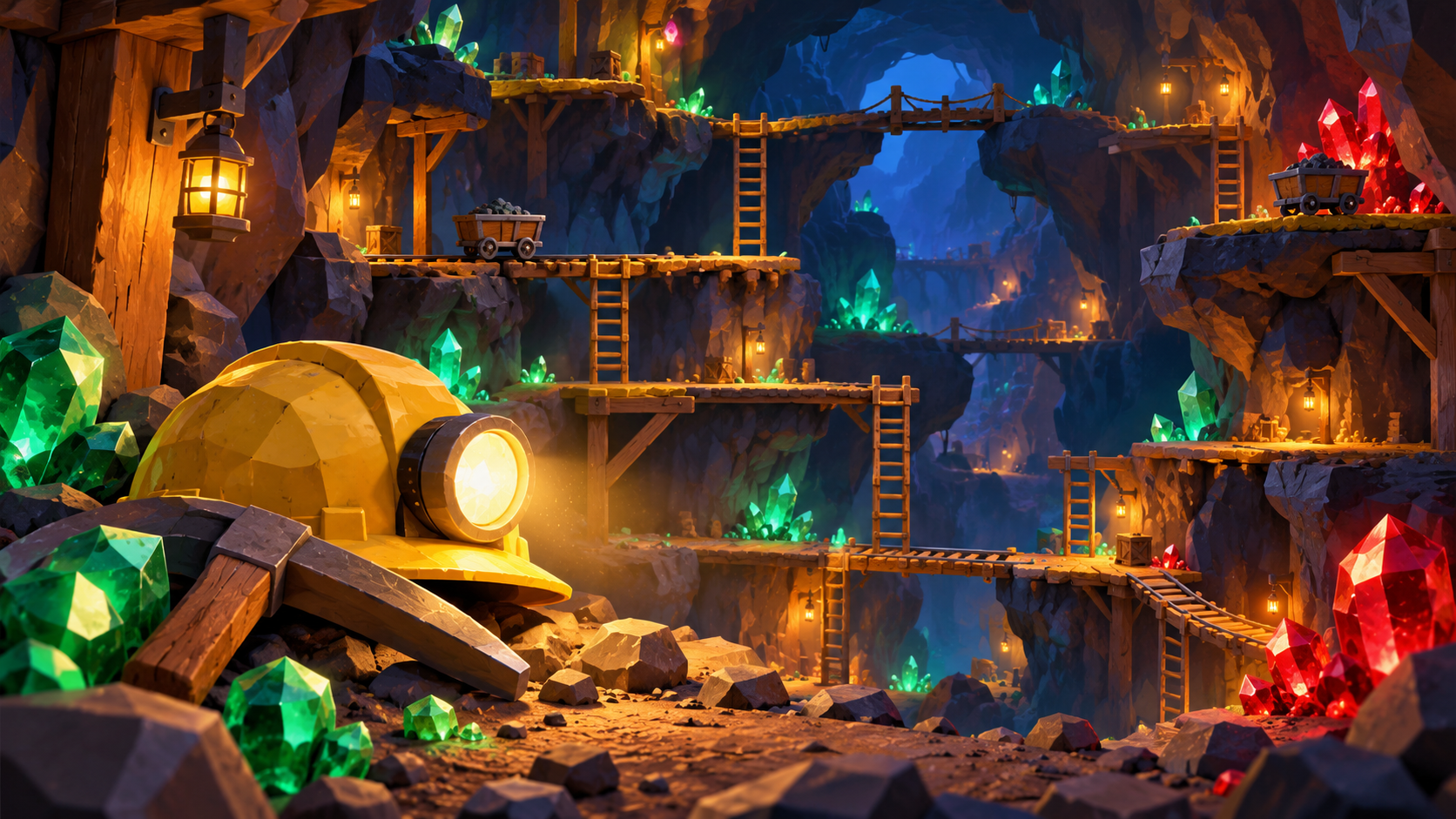 Unofficial AI concept illustration for Manic Miner: a mining helmet and pickaxe with platforms, ladders and crystals.