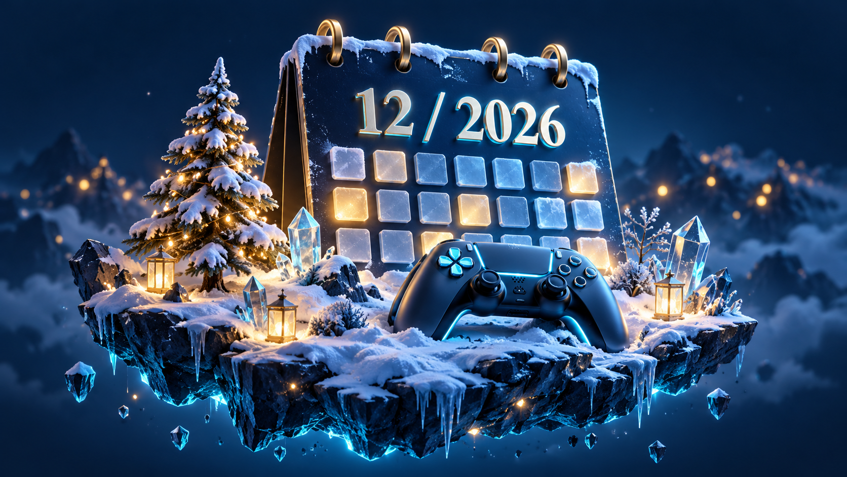 Game release calendar for December 2026: a calendar and controller on a snow-covered floating island. Original AI-generated illustration.