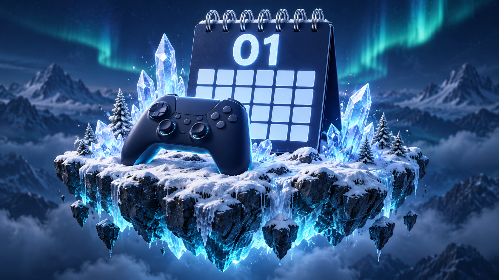 Game release calendar for January 2027: a calendar and controller on an icy floating island. Original AI-generated illustration.