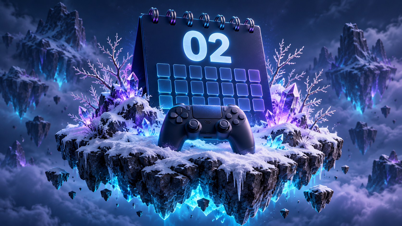 Game release calendar for February 2027: a calendar and controller on a wintry floating island. Original AI-generated illustration.