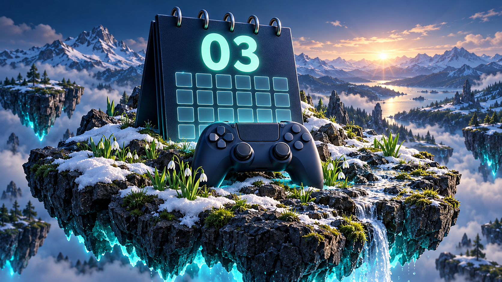 Game release calendar for March 2027: a calendar and controller on an early-spring floating island. Original AI-generated illustration.