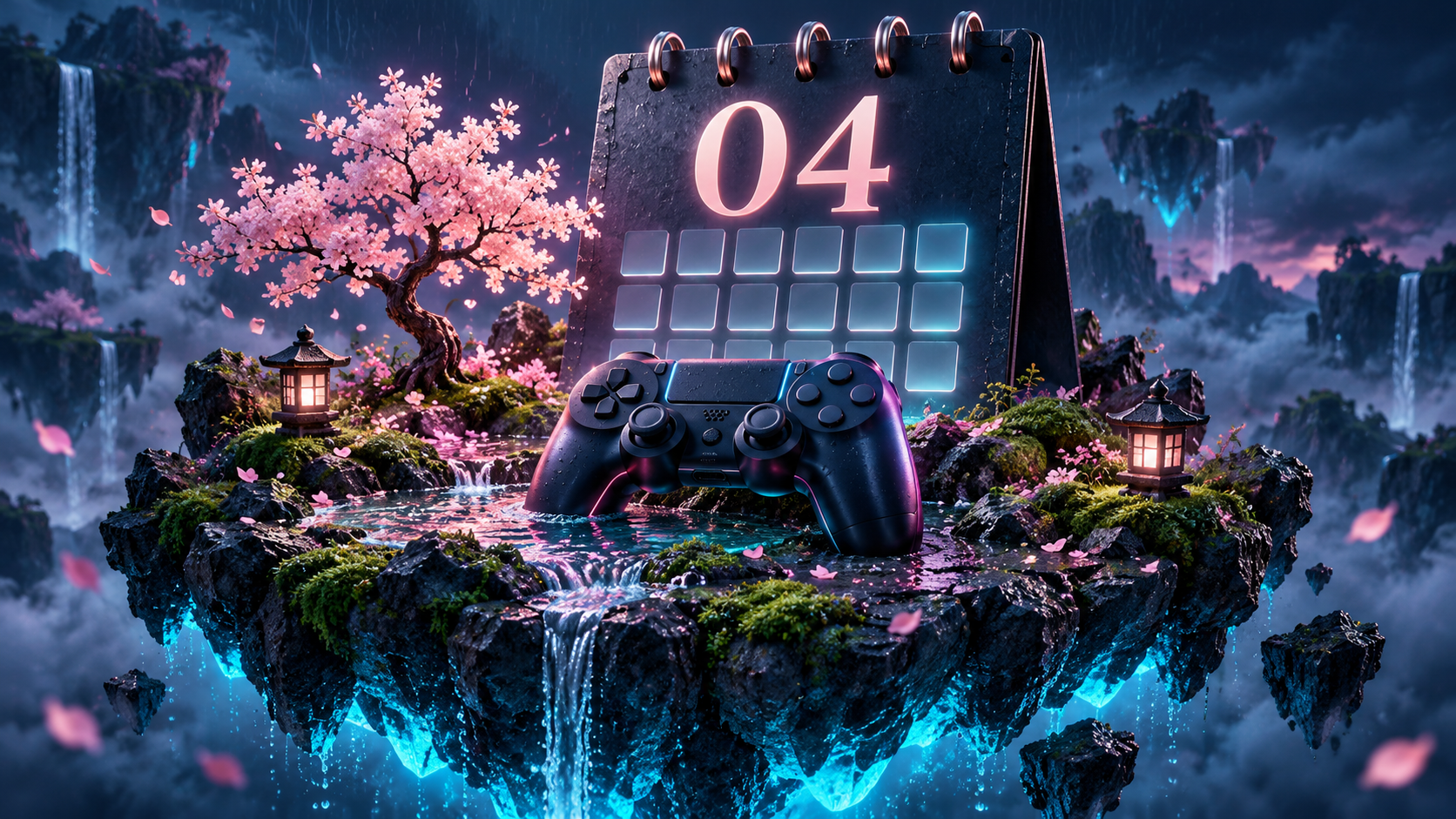 Game release calendar for April 2027: a calendar and controller on a blossoming floating island. Original AI-generated illustration.
