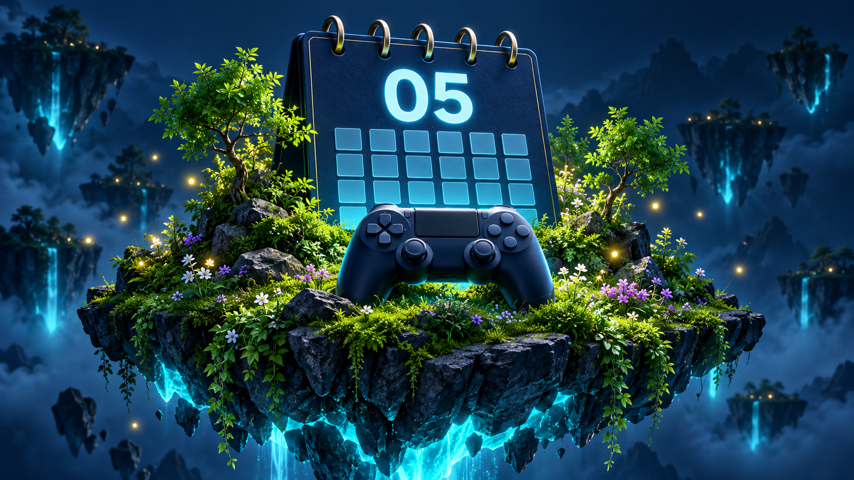 Game release calendar for May 2027: a calendar and controller on a lush green floating island. Original AI-generated illustration.