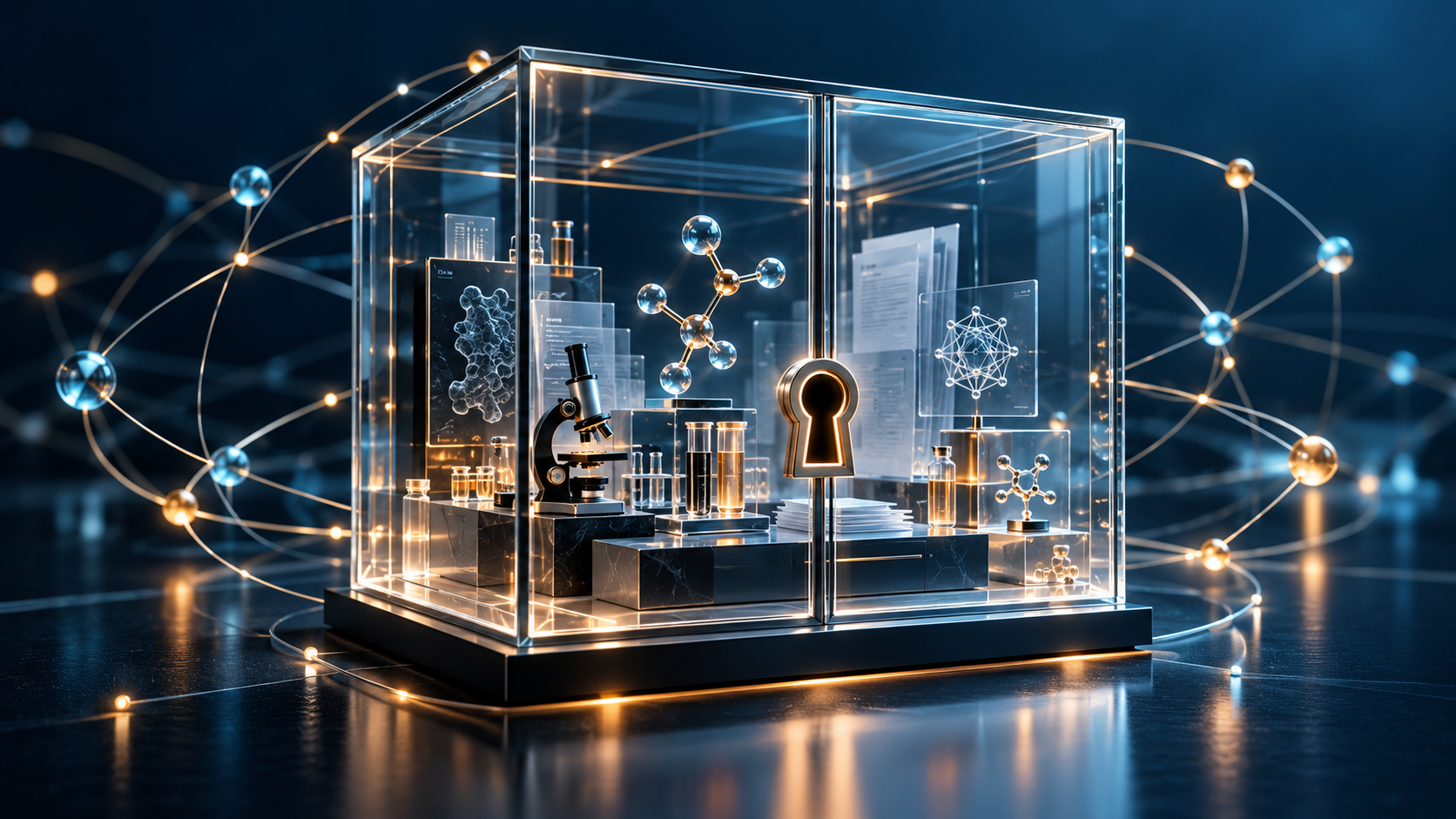 Conceptual laboratory inside a glass cube with a keyhole symbol and molecular models, representing restricted access to research AI.