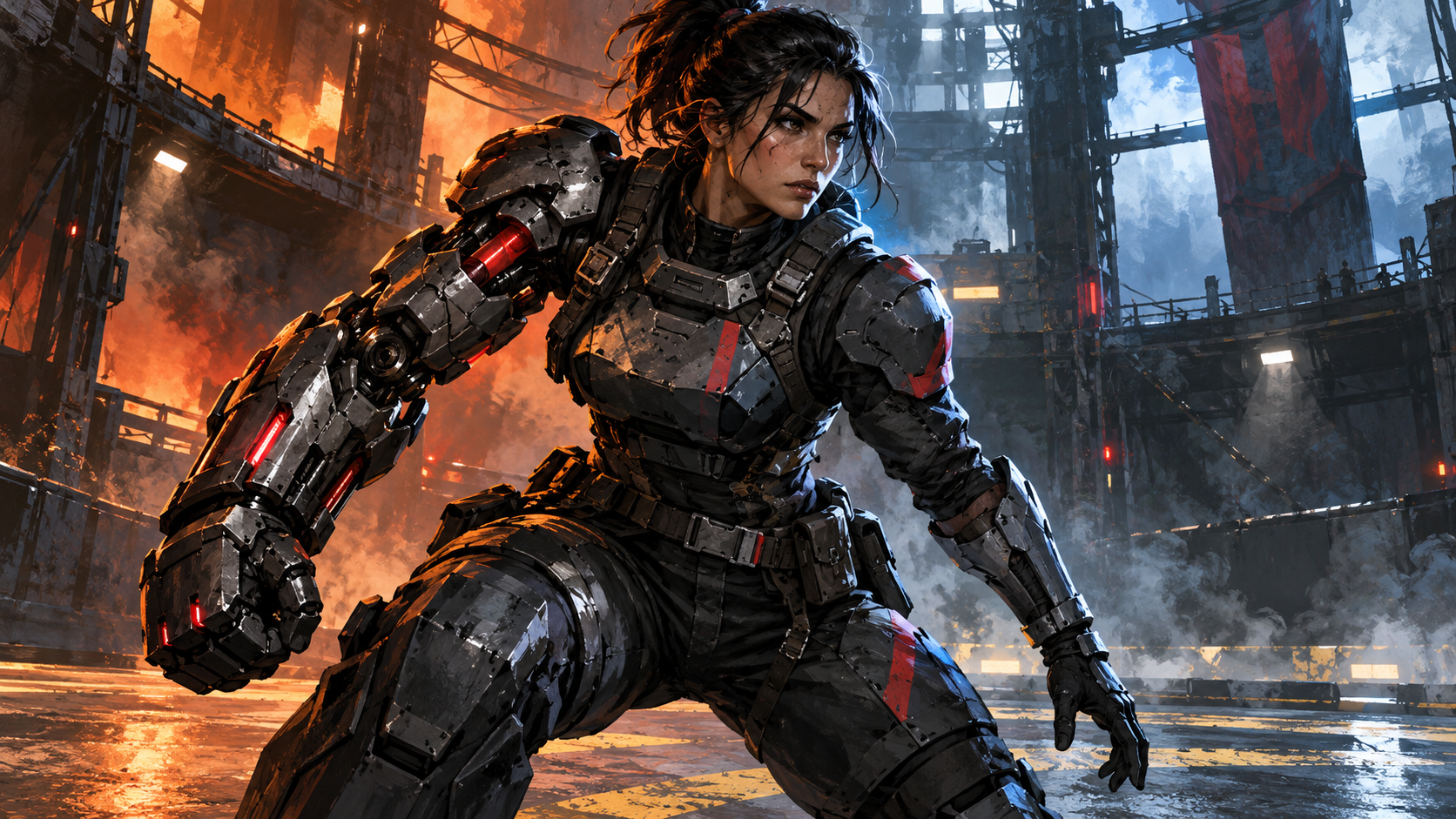 Original conceptual illustration of an armored female cybernetic fighter in an industrial setting; not a KIBORG character or screenshot.