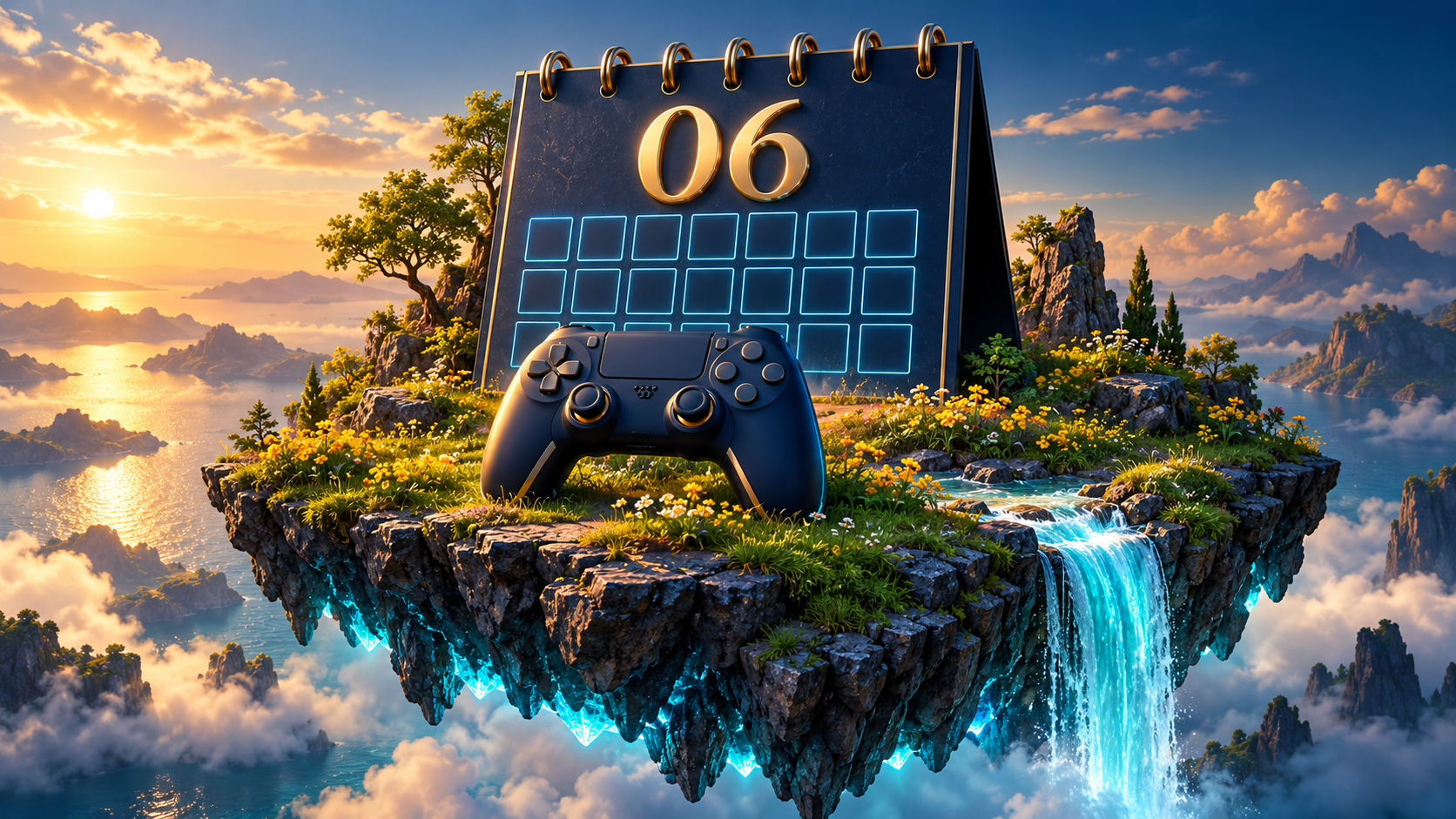 Game release calendar for June 2027: a calendar and controller on a summery floating island. Original AI-generated illustration.
